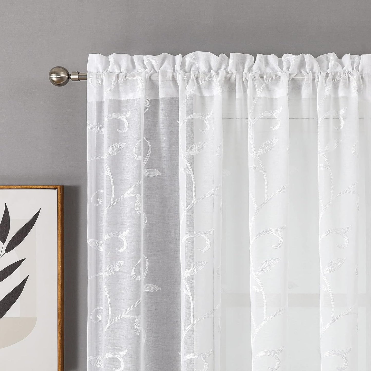 VISIONTEX White Leaves Sheer Voile Curtains, Decorative Embroidery Rod Pocket Window Drapes for Home Living Room and Bedroom 54 x 72 Inch, Set of 2 Curtain Panels