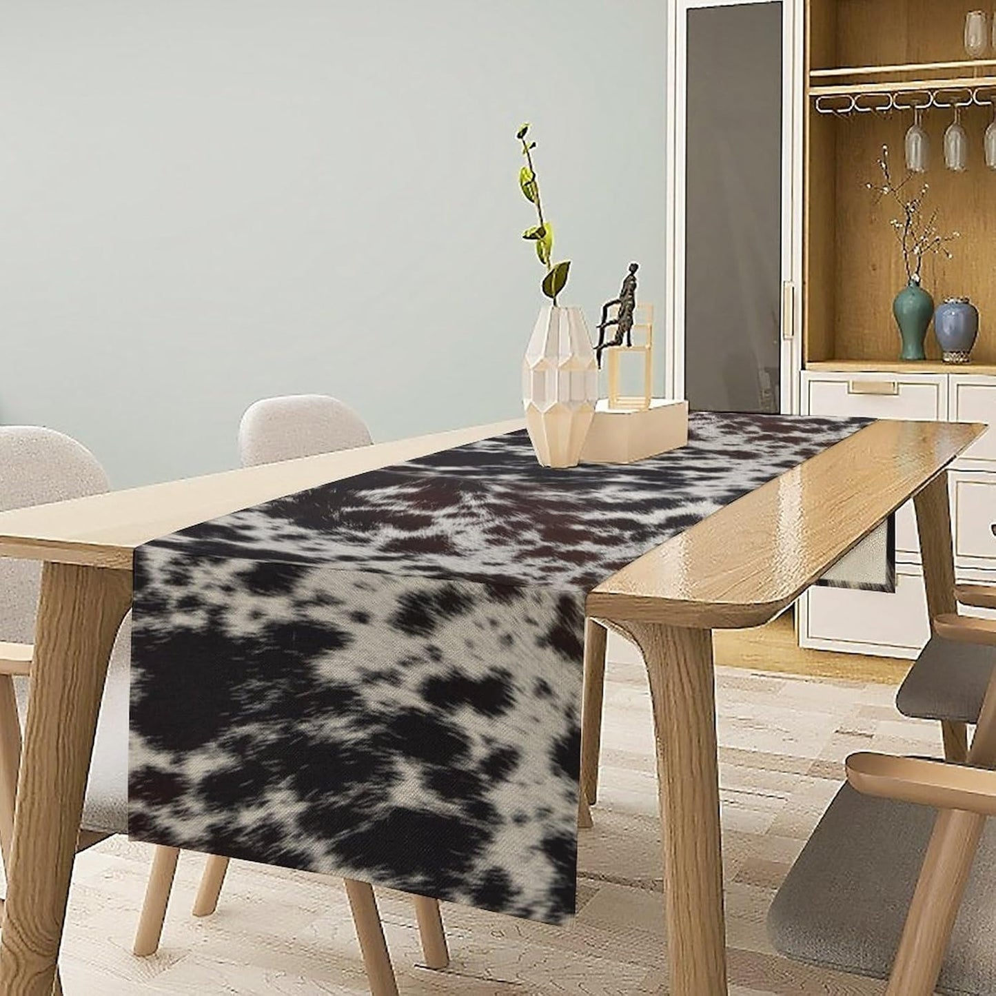 Cow Print Table Runner, Country Farm Animal Fur Skin Pattern Western Style Black Brown Cowhide Print Dinner Runner for Home Kitchen Dining Home Setting, 13x90 Inch