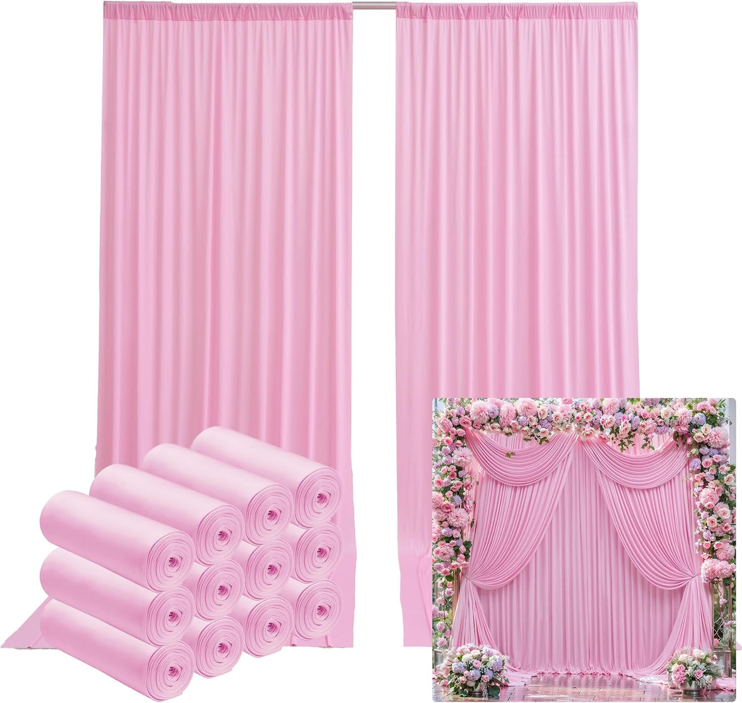60ftx12ft Wrinkle Free Pink Backdrop Curtain, 12 Panels 12FT Height Pink Wedding Backdrop Drapes, Silky Polyester Back Drop Cloth for Birthday Photography Background Party Backdrop Draping
