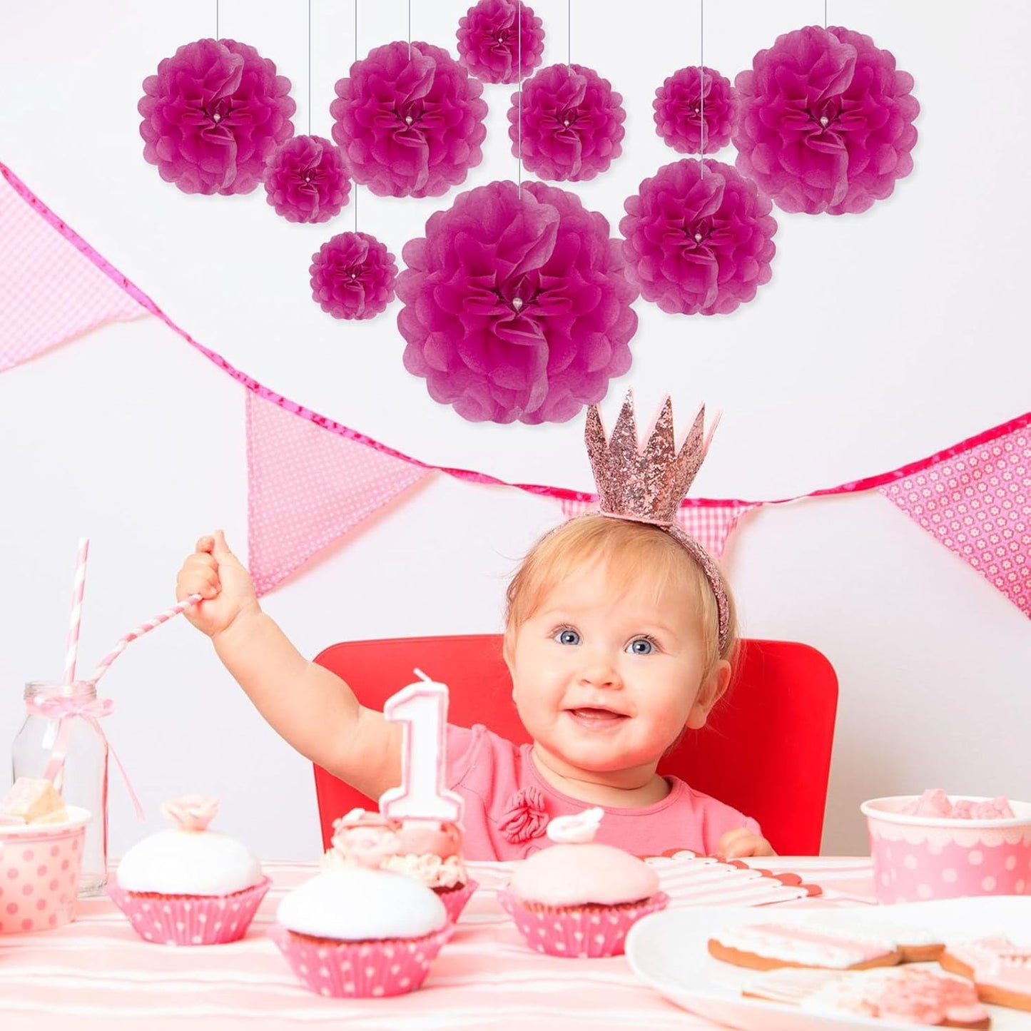 Tissue Paper Pom Poms, Fuchsia Tissue Paper Flowers, Hanging Flower Balls for Weddings Fiesta Parties Birthday Baby Showers Classroom Bridal Shower Decoration (20Piece Set-6/10/12/14Inch)