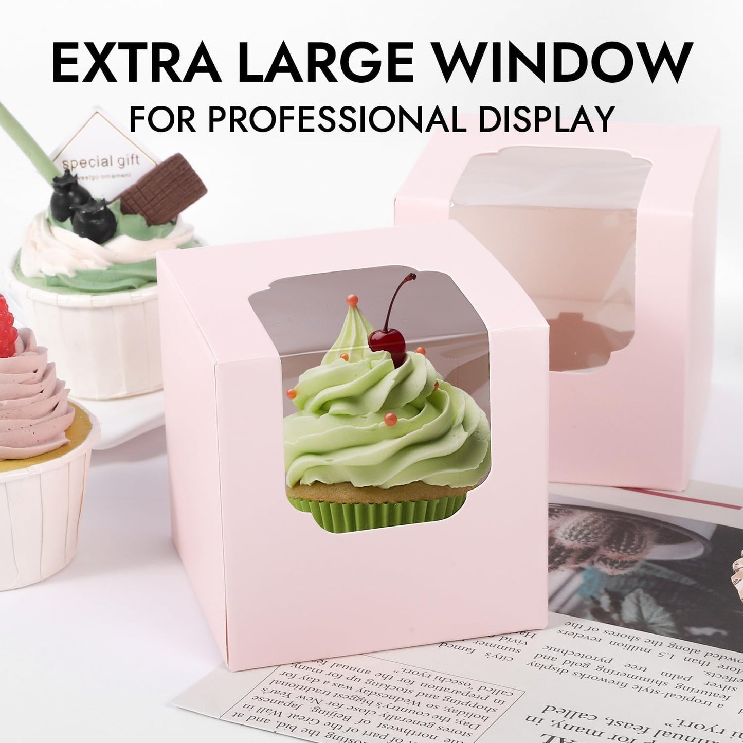 JCD 70 packs Pink Cupcake Boxes Individual Cupcake Container 3.5" x 3.5" x 3.5" Auto-Pop up Single cake Box for Bakery Gift Giving(70 Boxes+70 Inserts) (Pink/70Pcs)