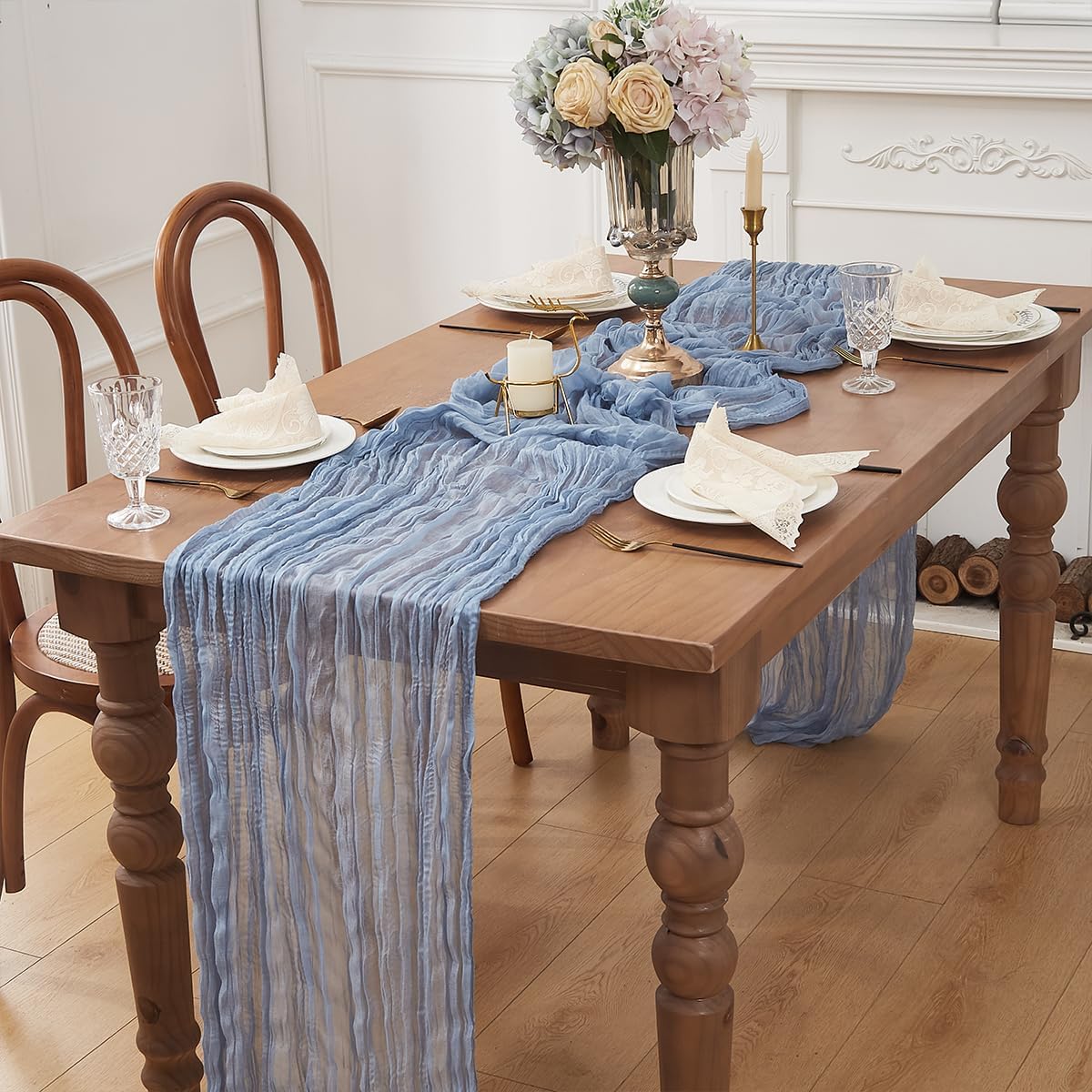 Dusty Blue 1 Pack Cheesecloth Table Runner 120 Inch 10 FT Boho Rustic Gauze for Wedding Baby Shower Party Farmhouse Summer Home Decor Washable