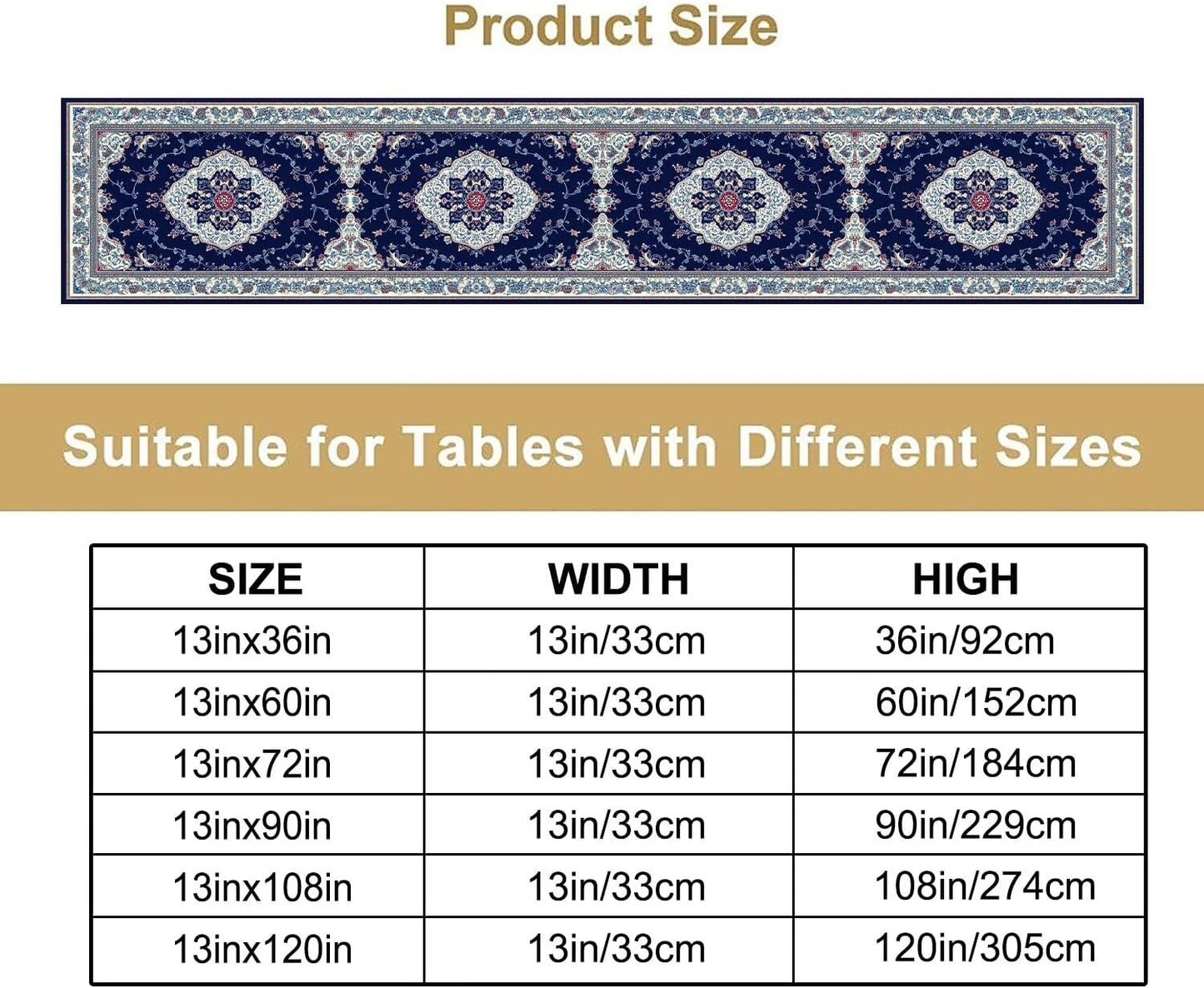 Elegant Palace Boho Blue Table Runner Vintage French Style Farmhouse Geometric Home Farmhouse Kitchen Table Dining Coffee Room Garden Party Wedding Decor 13x72in