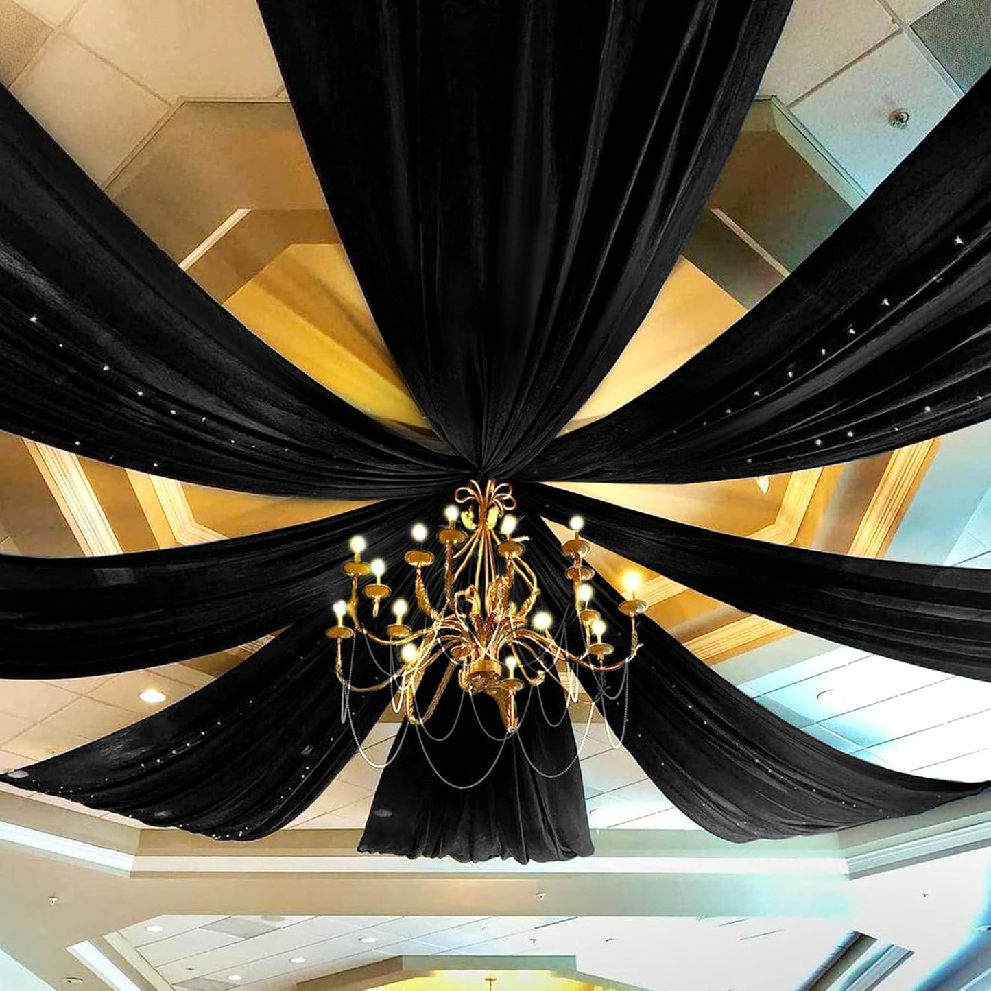 6 Panels Black Ceiling Drapes for Wedding 5ftx20ft Chiffon Fabric Arch Draping Curtains Sheer Drapery for Party Ceremony Birthday Baby Shower Reception Stage Swag Ceiling Decorations