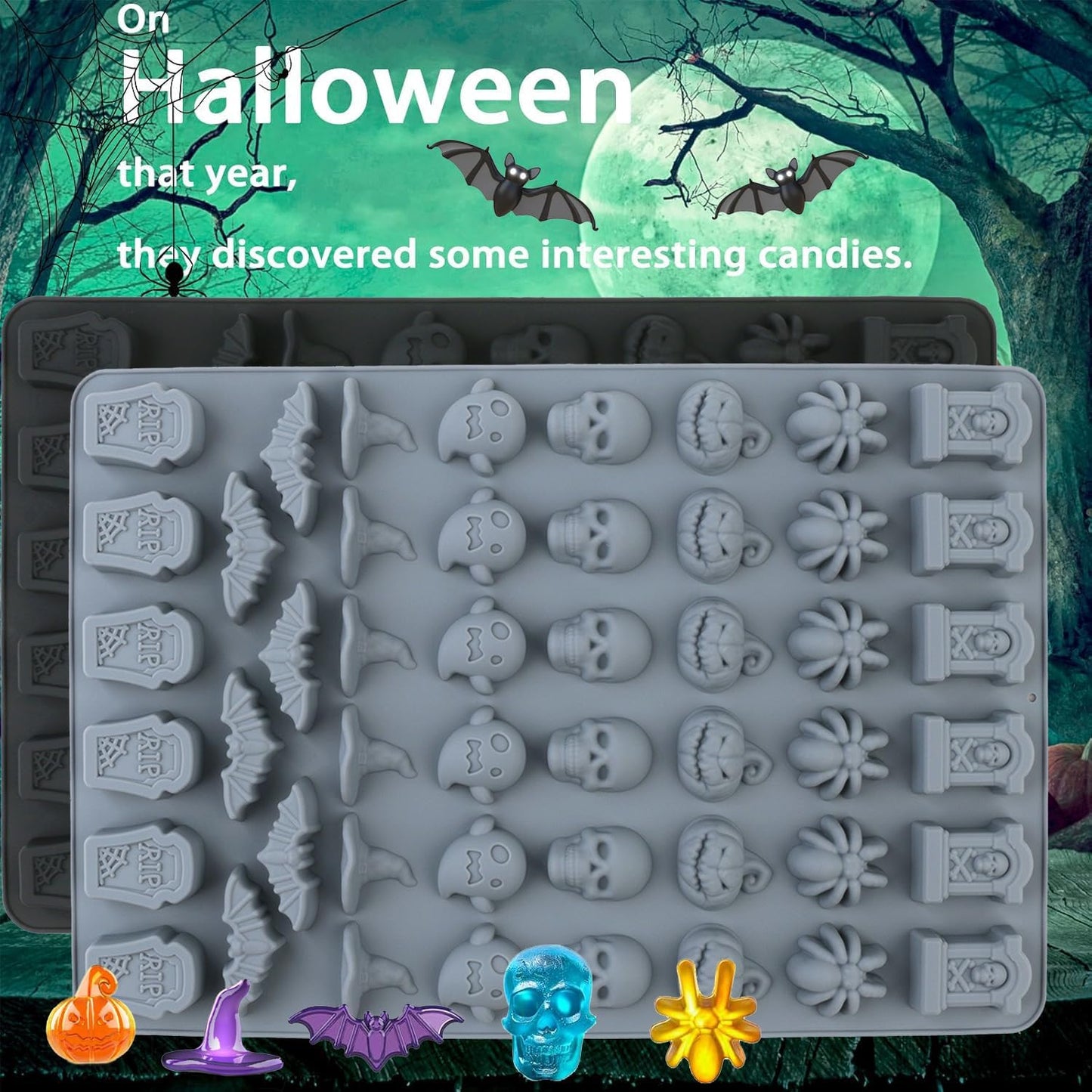 (2 Pack) Silicone Halloween Molds, 96-Cavity Pumpkin Ghost Wizard Hat Bat Spider Tombstone Skull Halloween Silicone Gummy Molds For Chocolate, Fondant, Cupcake Decoration, Biscut - Black&Gray
