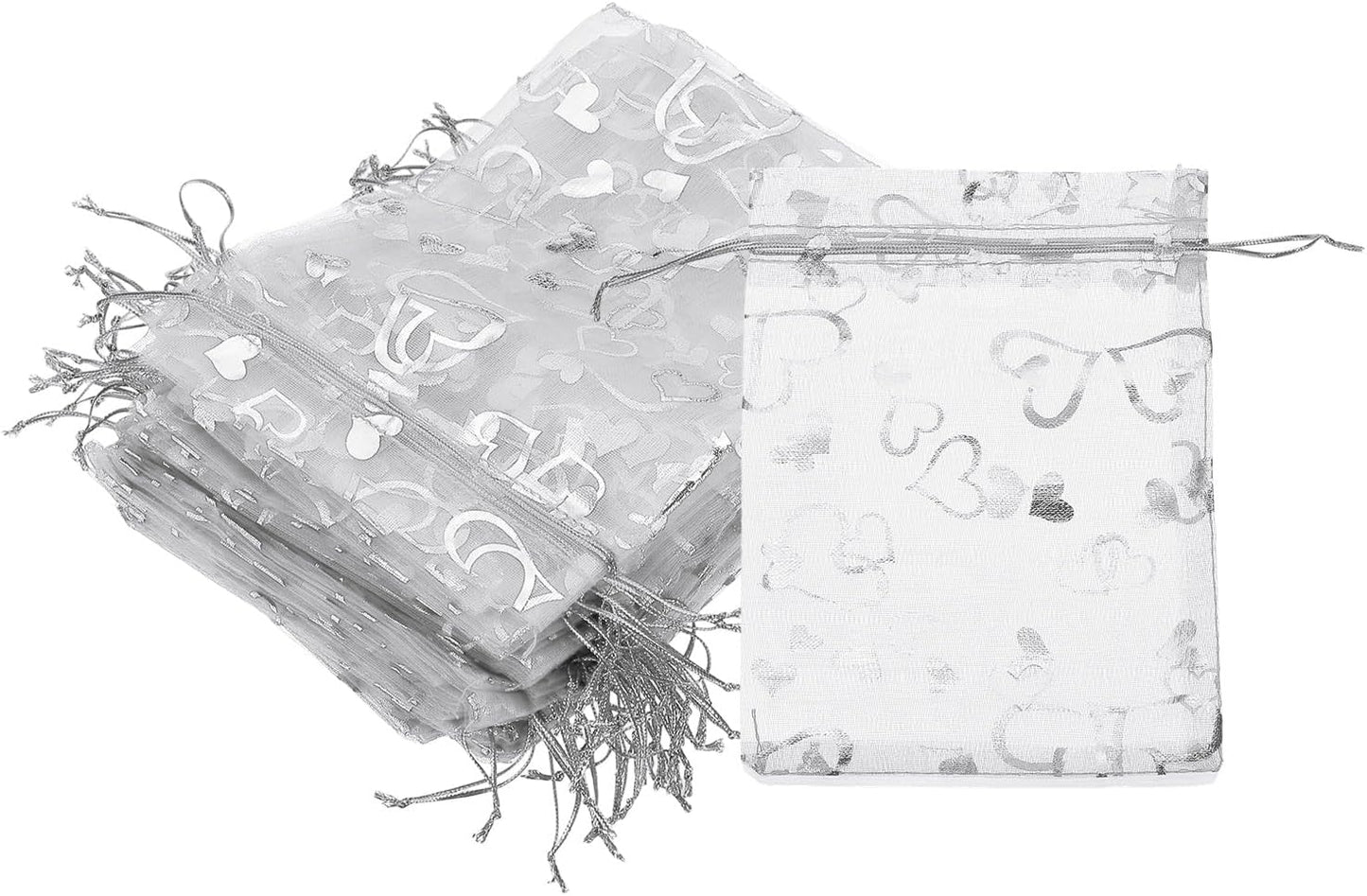 PATIKIL 100 Pcs 5x7 Inch Heart Printed Organza Bags, Silver Sheer Heart Organza Bags with Drawstring for Christmas Candy Jewelry Party Wedding Favor Gift