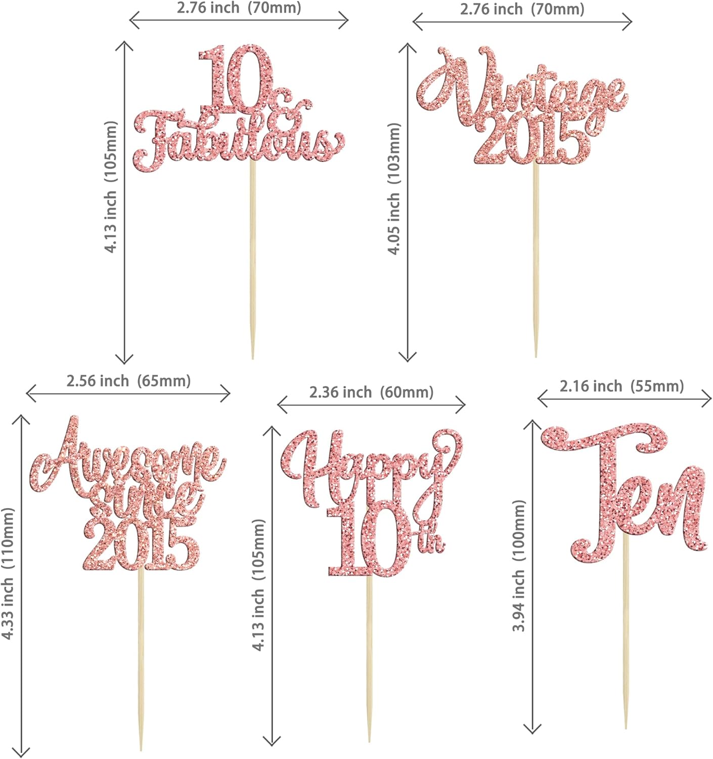 30Pcs Vintage 2015 Cupcake Toppers Glitter Ten 10 Fabulous Happy 10th Birthday Cupcake Picks Cheers to 10 Years for 10th Birthday Anniversary Party Cake Decorations Supplies Rose Gold