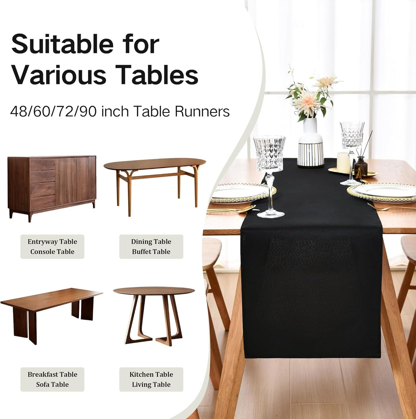 Farmhouse Black Table Runner Dining Table Runners 60 Inches Long Coffee Table Runner for Dresser Living Room Bedroom Holiday Party Banquet 12X60 Inch