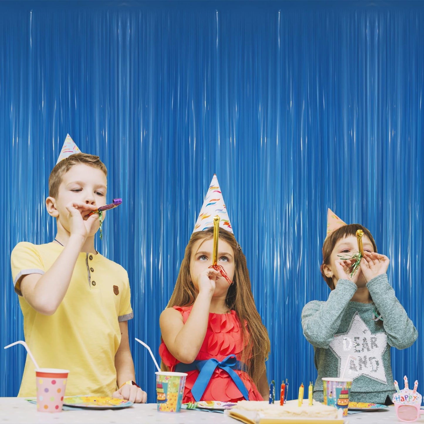 GOER 3.2 ft x 8.2 ft Metallic Tinsel Foil Fringe Curtains Party Photo Backdrop Party Streamers for Birthday,Graduation,New Year Eve Decorations Wedding Decor(4 Packs,Candy Blue)