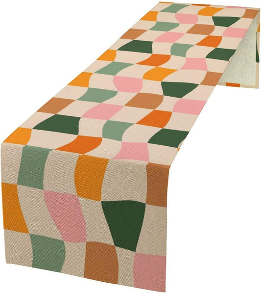 Hippie Table Runner, Vintage Geometric Square Orange Green Pink Grid 60s 70s Style Kitchen Dining Room Decor for Indoor Outdoor Wedding Party Table Runner 13x90 Inch