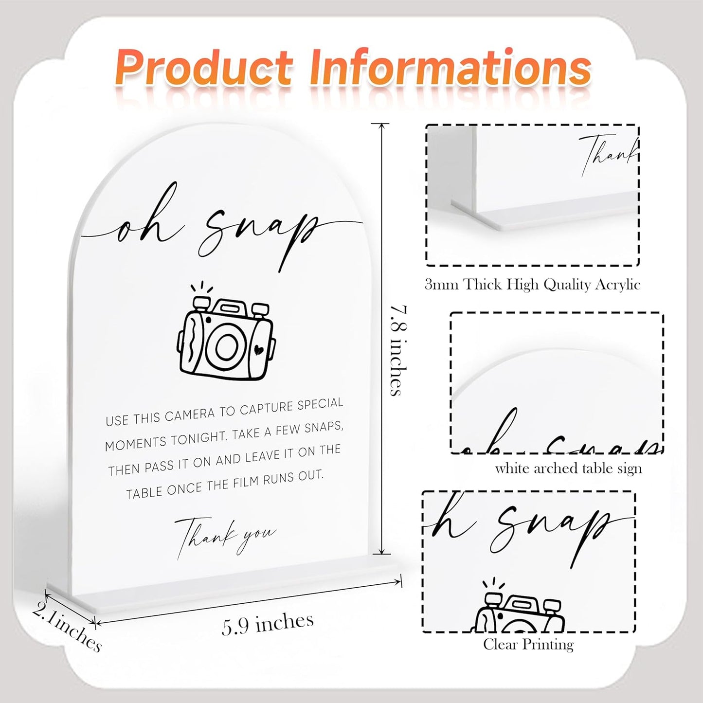 Disposable Cameras for Weddings Sign, White Arch Acrylic Sign, Wedding Reception Decorations, Bridal Shower Decor, Engagement Party Decor, Centerpiece Table Decorations Party for Bride and Groom-23