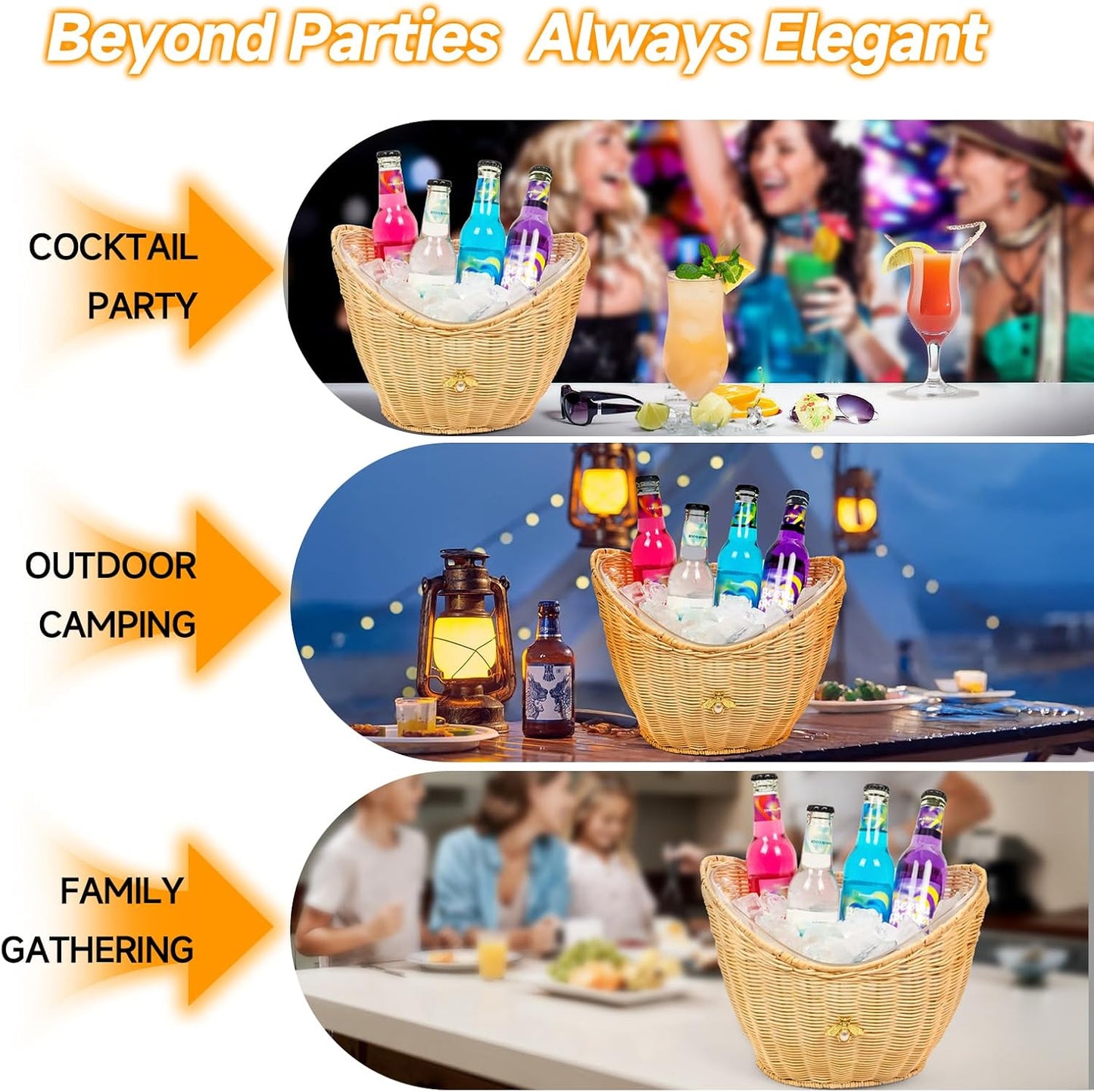 Lexenic Ice Bucket with Handle Hole, Woven and Acrylic Double Layer Basket Design, 4L Champagne Wine Ice Bucket for Cocktail Bar, Parties, Picnics- Anti Frozen Hands Anti Water Leakage (Rattan)