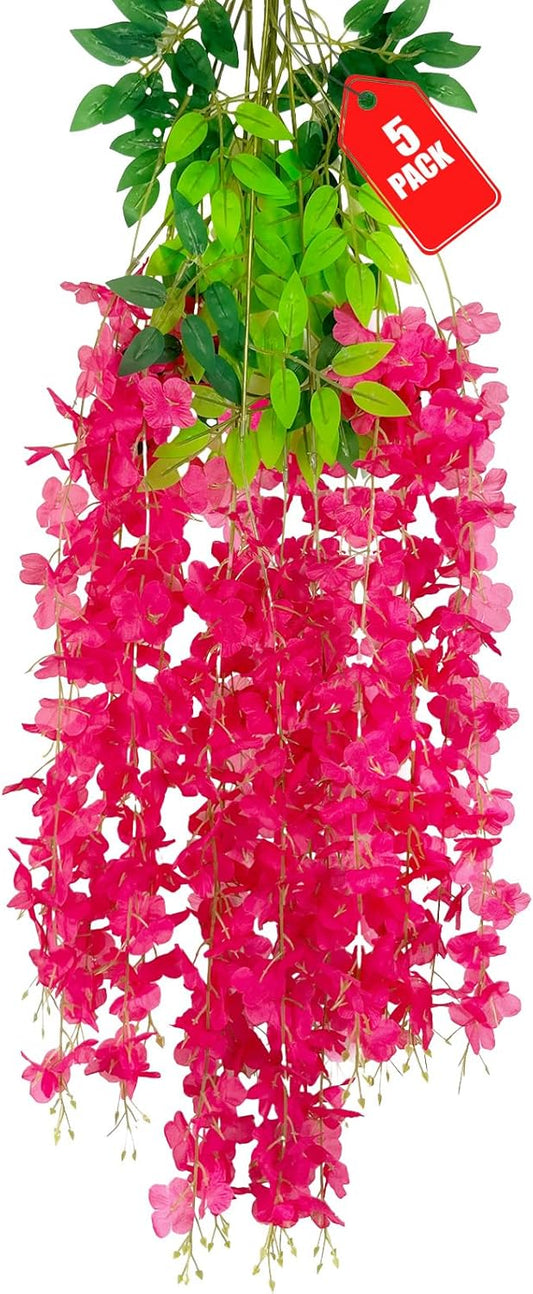5 Pack Fuchsia Wisteria Hanging Flowers, 3.44 Ft Fake Hanging Flowers, Artificial Wisteria Garland Vines for Wedding Room Backdrop Outdoor Patio Garden Decoration