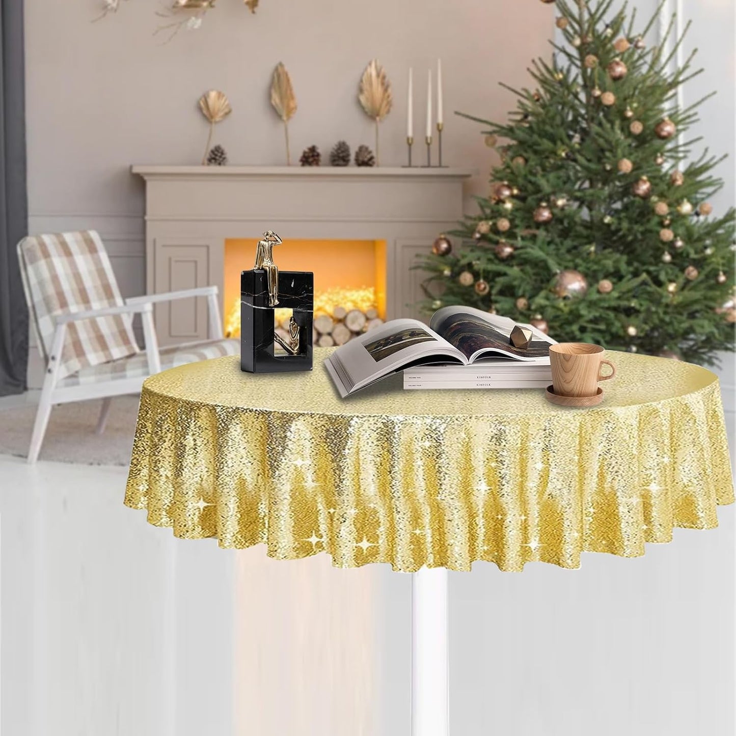 6 Pcs Gold Sequin Tablecloth 50 Inch Gold Round Tablecloth Overlay Round Table Cloth Golden Glitter Sequin Table Covers for Wedding Birthday Parties Holiday Banquet