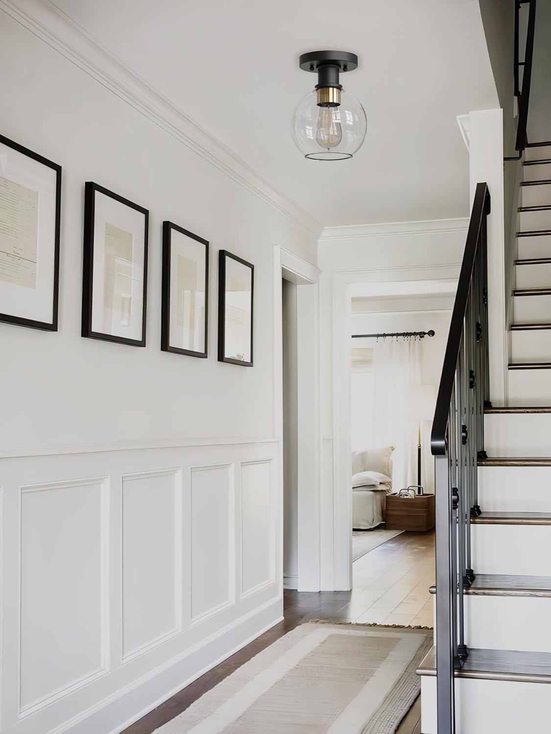 Dan Modern Farmhouse 1-Light Flush Mount Ceiling Light Clear Glass Globe Black Gold Finish for Hallway, Entryway, Passway, Bedroom, Garage, Kitchen, Balcony