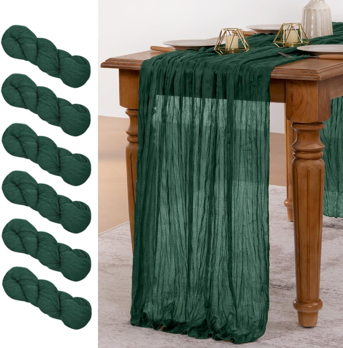 MLMW 6 Pack Christmas Table Runner Cheesecloth Emerald Green Table Runner Boho Cheese Cloth Gauze 160 inch Rustic Table Runner 13.3ft for Party Wedding Baby Bridal Shower Birthday