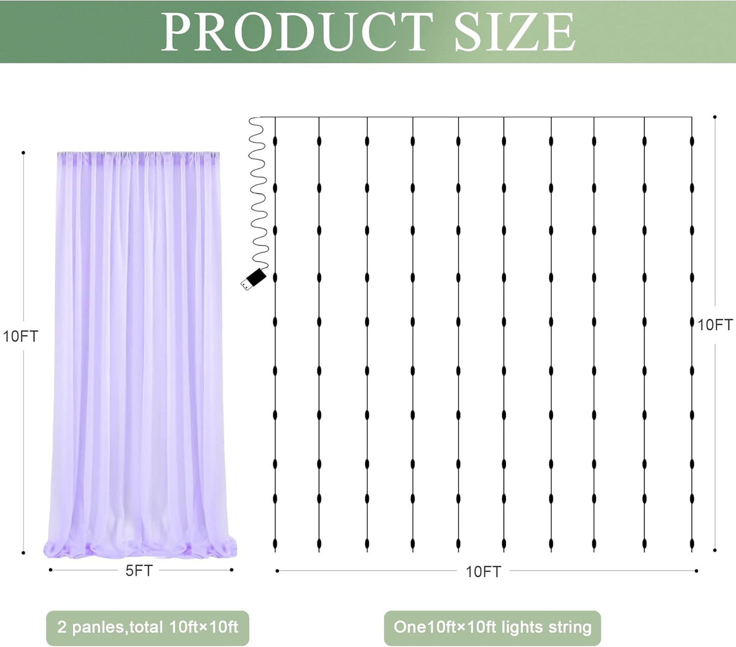 Tulle Backdrop Curtain with Lights String 10FT X 10FT Lavender Sheer Tulle Backdrop Curtains for Wedding Birthday Party Reception Photo Booth Background Decorations (2 Panels 5x10FT)