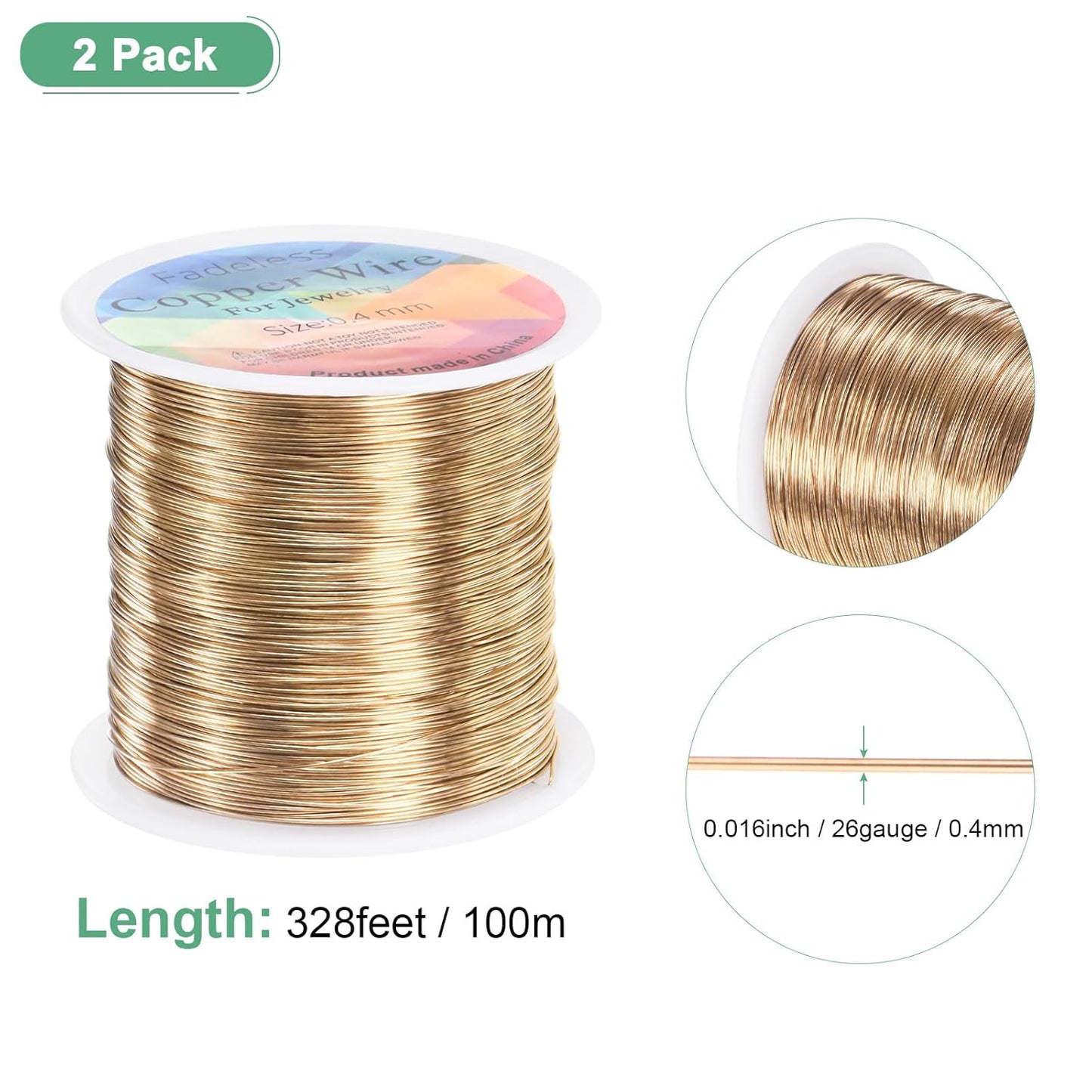 2-Rolls 0.4mm Jewelry Wire, 26 Gauge 328FT Craft Wire Copper Beading Wire for Jewelry Making/Planting/Weaving/DIY Crafting, Soft Metal Wires [100M, Champagne Gold]