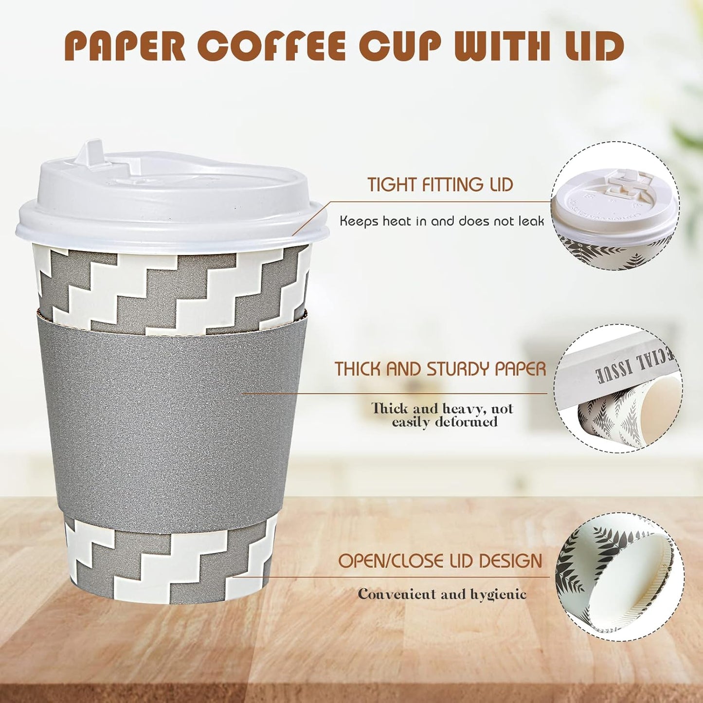 LITOPAK 100 Pack 12 oz Paper Coffee Cups with Lid, Sleeve, and Straws, Four Designs of Disposable Hot Coffee Cups for Home, Stores, and Cafes