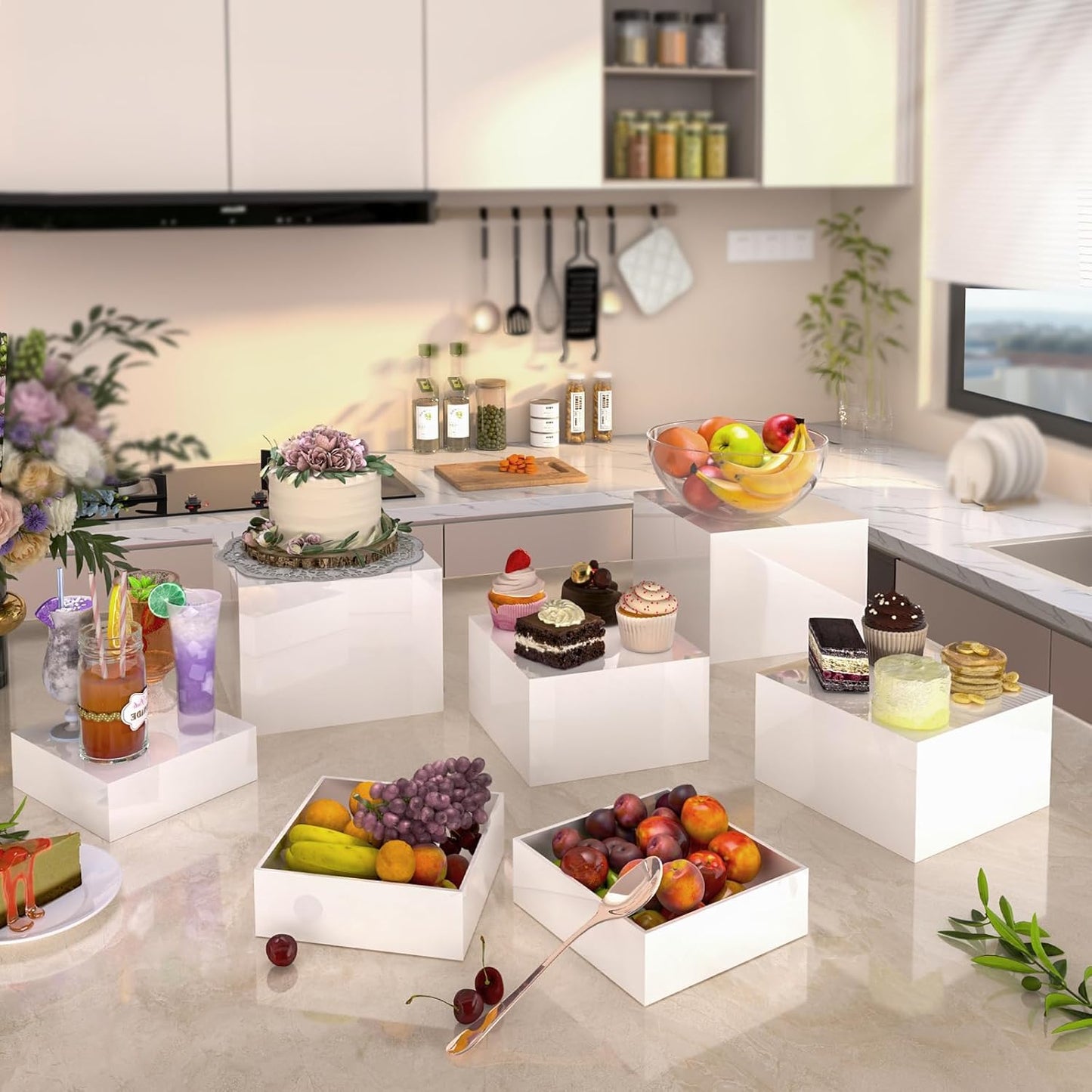 Buffet Risers, Food Display Risers for Party, White Acrylic Risers Display Stand for Buffet Table, Catering Displays for Dessert, Cube Box Nesting Riser with Hollow Bottoms (5"x6"x7"x8"x9"x10" 6 PCS)