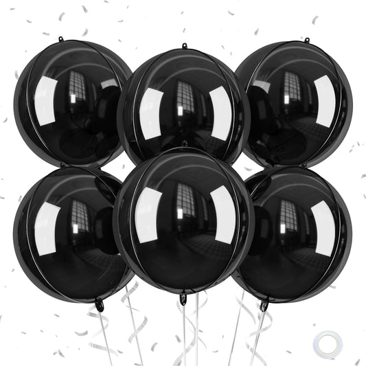Giant 4D Foil Balloons, 6Pcs Large Metallic Black Round Balloons, 22 Inch Big Round Foil Balloon for Black Birthday Party Baby Shower Wedding Decorations