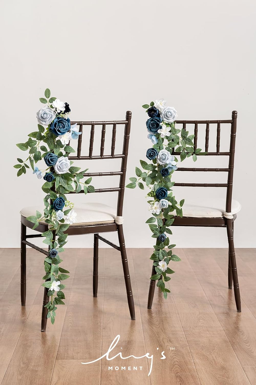Ling's Moment 10pcs Wedding Chair Decorations Aisle Floral Swag Artificial Pew Flowers Hanging Garland Dusty Blue & Navy for Ceremony Reception Church Rose Floral Faux Arrangement Party Outdoor Decor