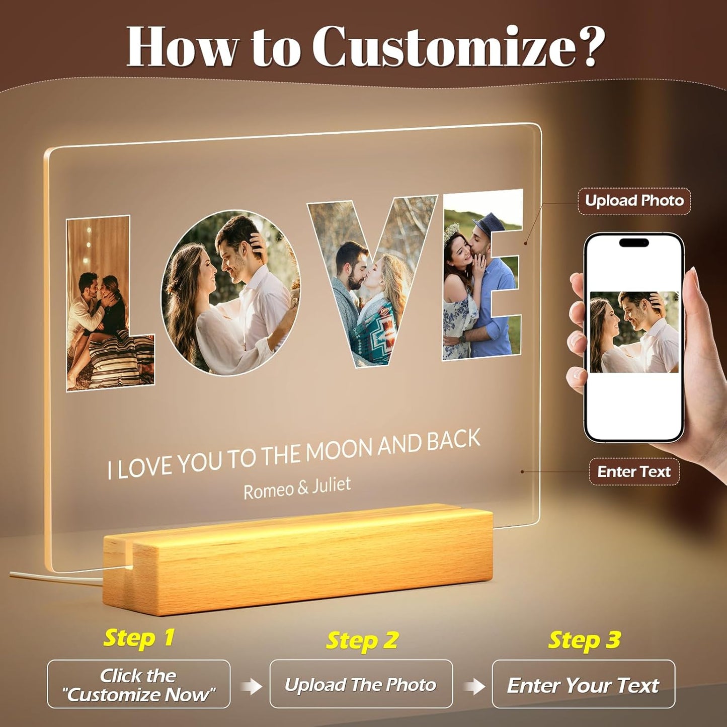 Custom Picture Frames with Photo, Personalized LOVE Photo Frame with Night Light, Customized Picture Frame, Personalized Anniversary Birthday Gifts for Women, Men, Him, Her, Girlfriend, Boyfriend, Couple