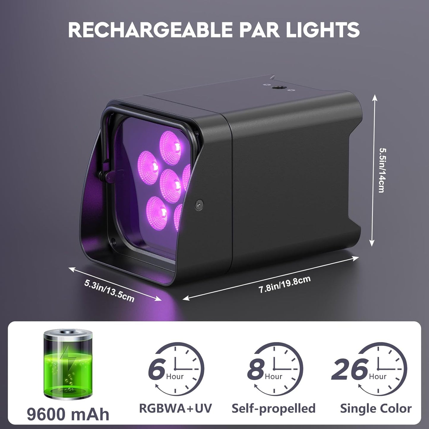 9600mAh Wireless Uplights, 6x18W RGBWA UV Stage Lights, APP/DMX512 Controlled Par Lights, Rechargeable Battery Powered Uplights for Show, Party, Festival, Event, Black, 10 Pack