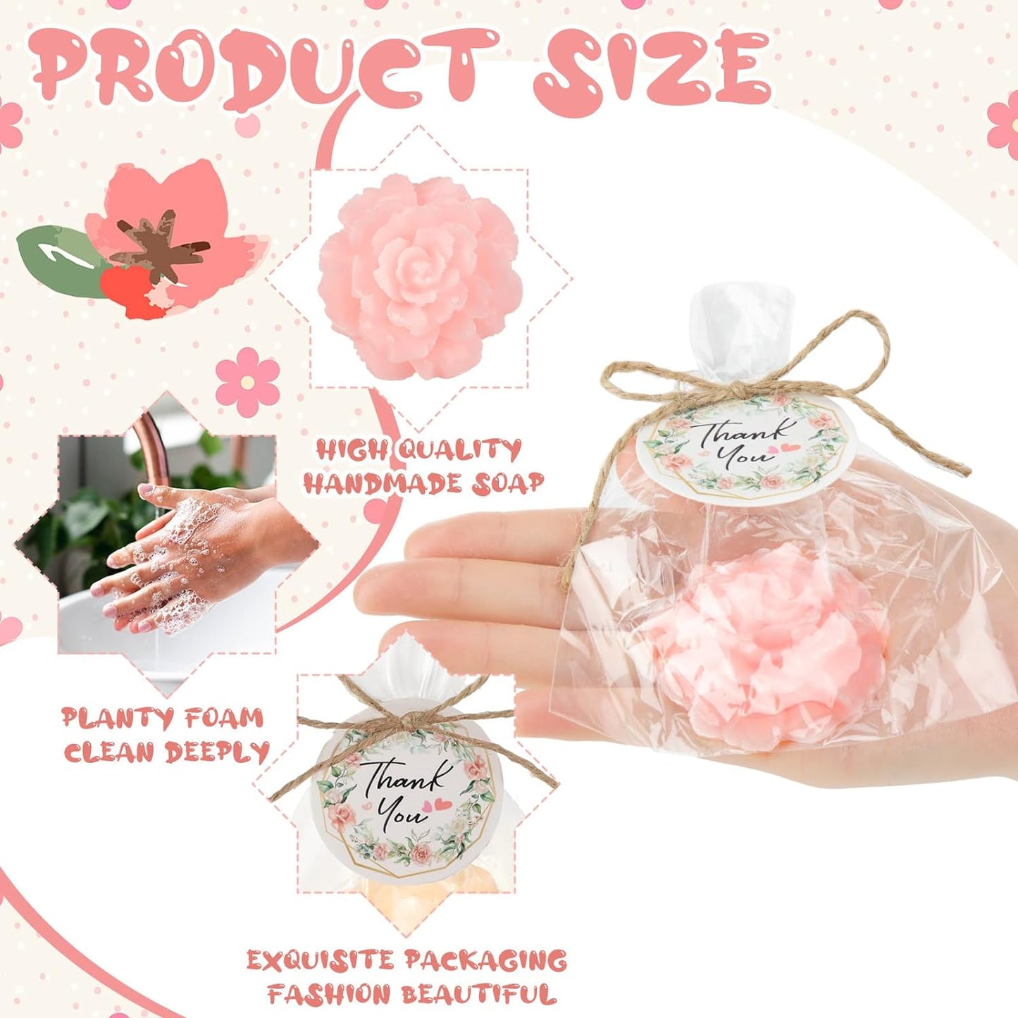 Demissle 20 Set Flower Mini Soaps for Guests Rose Soap Baby Shower Soap Favors with Thank You Tags for Wedding Bridal Guest Gift Party Favor(Light Pink)