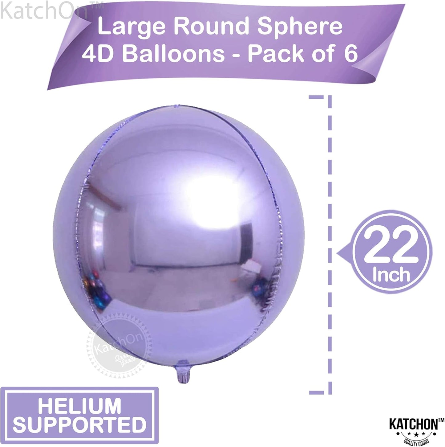KatchOn, Big Purple Mylar Balloons - 22 Inch, Pack of 6 | Round 4D Metallic Lavender Balloon for Purple Party Decorations | Metallic Balloons for Anniversary | Unicorn, Mermaid Birthday Decorations