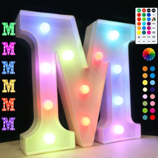 Light Up Colorful LED Marquee Letter lights, 18 Colors Changing Alphabet Letters Sign with Remote Timer for Night Light Girls Bedroom Wedding Birthday Party Lamp Christmas Home Bar Decor- Colorful M