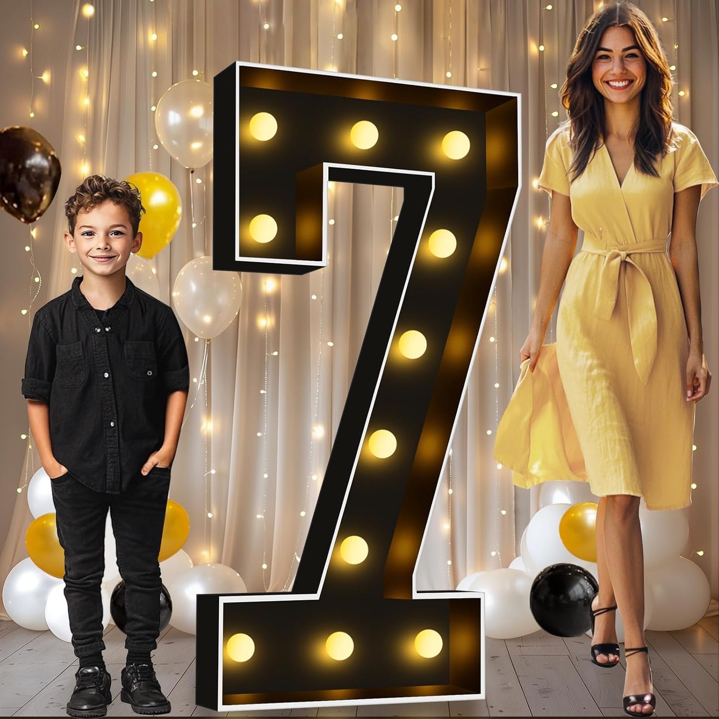 Pooqla 4 FT Light Up Marquee Numbers, Black Marquee Number Lights 4 Feet Tall for 7th 17th 70th Birthday, Giant Letter Big Mosaic Numbers for Balloons Party Anniversary Wedding Decorations, Number 7