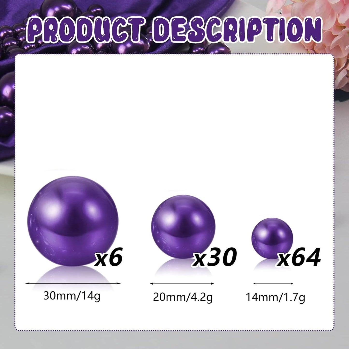 100PCS Purple Faux Pearls Beads for Centerpiece Vases, Vase Filler Faux Pearls, No Holes Filler Beads for Party Anniversary Birthday Wedding Table Decor, 14/20/30mm