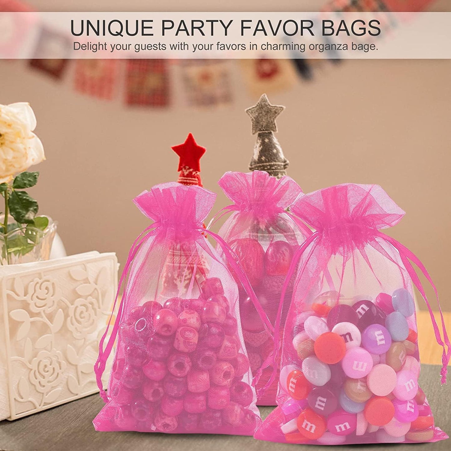ANZNKU 100 Pack Organza Bags 4 x 6 inch Sheer Drawstring Small Mesh Bags for Candy Jewelry Party Wedding Christmas Favor Gift Bags(Hot Pink)