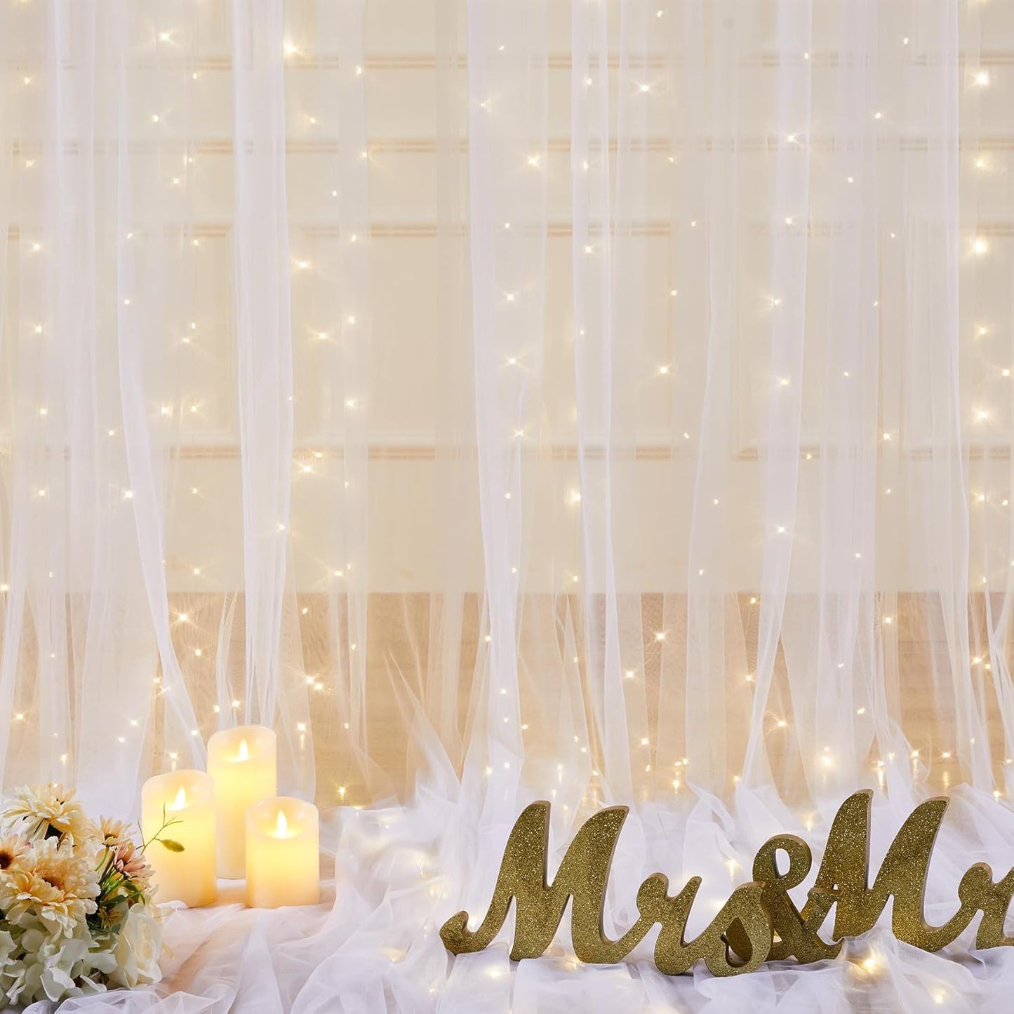 10ft x 8ft White Sheer Tulle Backdrop Curtains with Lights String Wedding Backdrop for Reception Ceremony Birthday Party Baby Shower Photo Booth Background Decoration