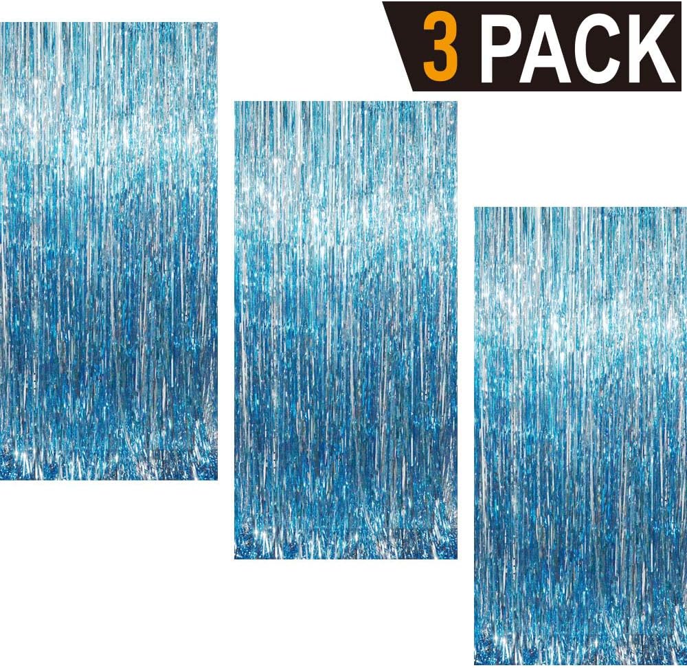 GOER 3.2 ft x 8.2 ft Metallic Tinsel Foil Fringe Curtains Party Photo Backdrop Party Streamers for Birthday,Graduation,New Year Eve Decorations Wedding Decor (Light Blue,3 pcs)