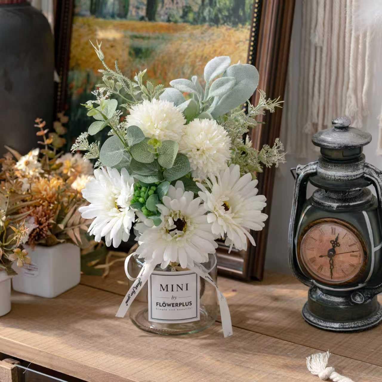 LADADA Artificial Hydrangea and Glass vase Decoration, Used for Dining Table, Kitchen Decoration(Milky White)