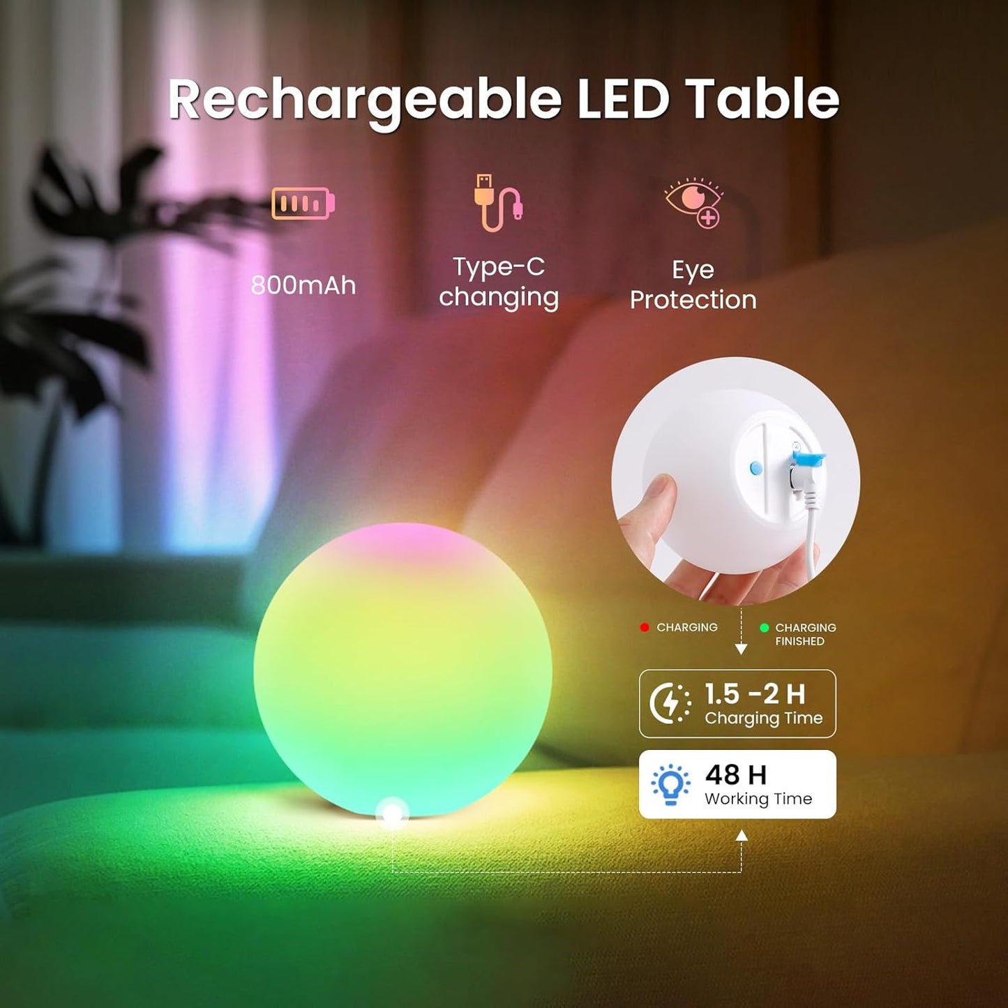 LOFTEK 3-inch Smart Sphere Night Light -Multi-Color Rechargeable Night Lights, RGB Ball Mood Lighting, Waterproof Ambient Lighting for Home Bedroom Patio Pool Decorative Lighting, 1 Pack