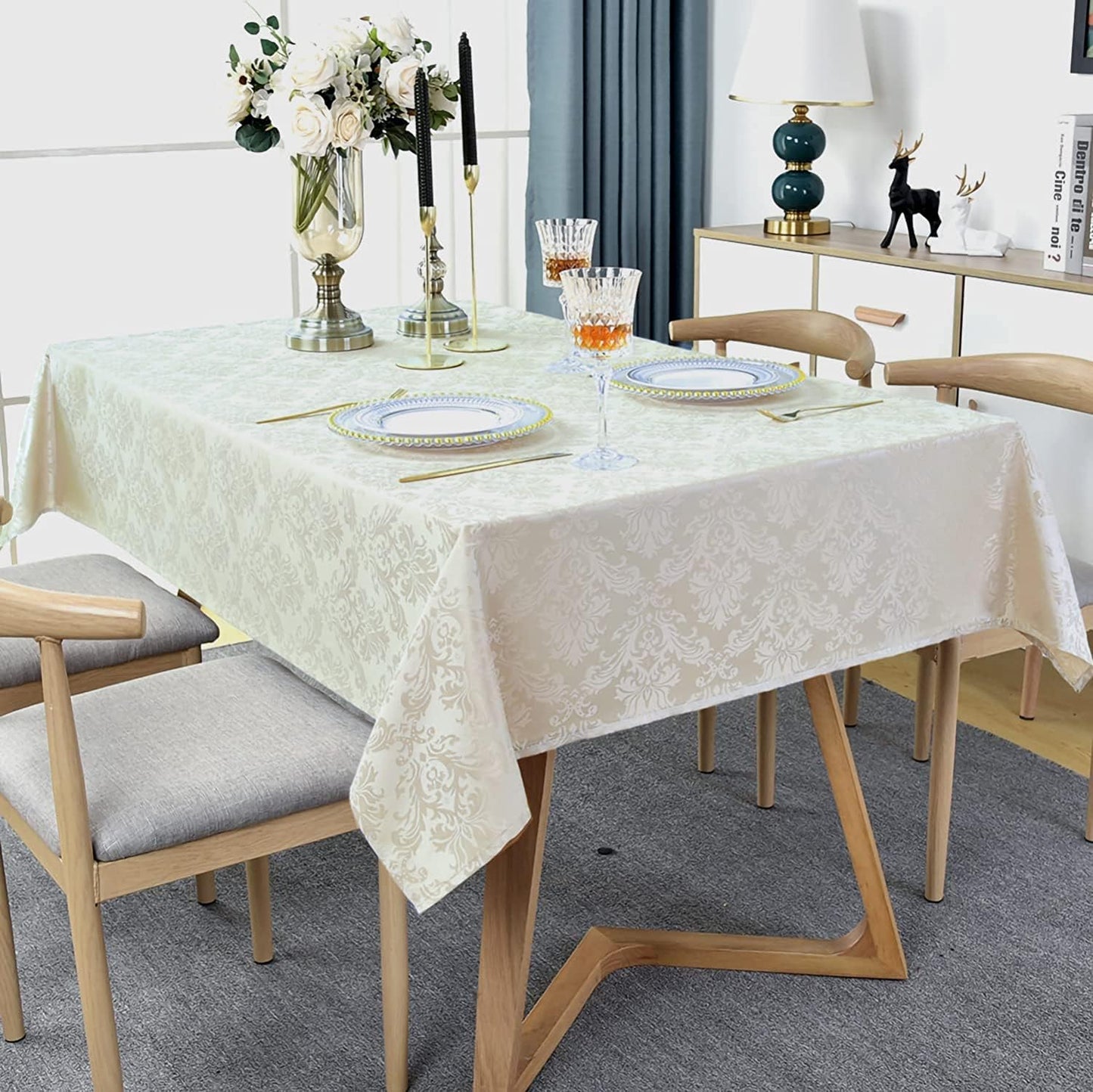 SASTYBALE Rectangle Tablecloth - 52 x 70 Inch Beige Cream Damask Table Cloth Jacquard Design Spill Proof Wrinkle Resistant Waterproof Soft Polyester Oblong Table Cover for Kitchen Parties(Ivory)