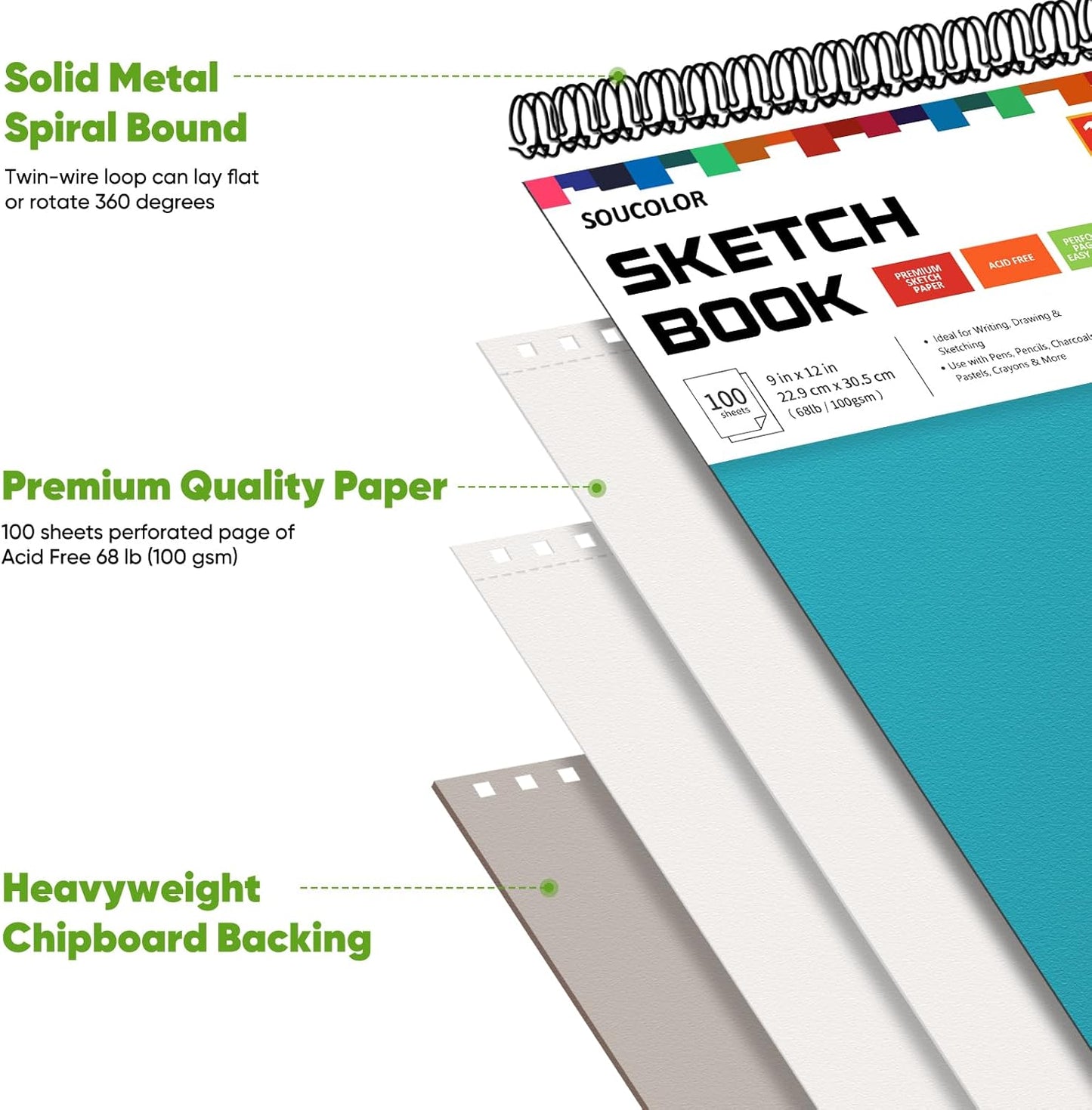 Soucolor School Supplies 9" x 12" Sketch Book for High College Teacher Student, 1-Pack 100 Sheets Spiral Bound Art Sketchbook, Acid Free (68lb/100gsm) Artist Blank Book for Kids, Back to School Stuff