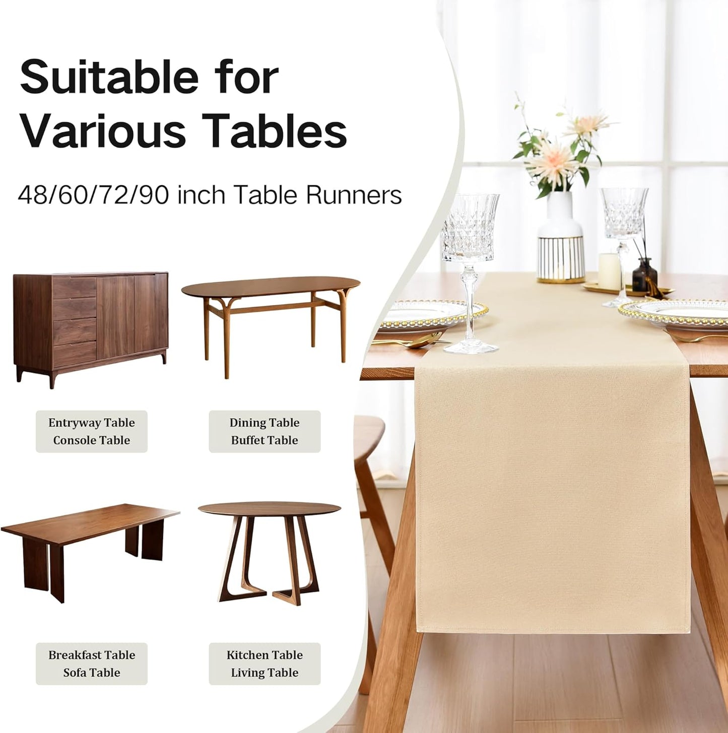 Farmhouse Beige Table Runner Dining Table Runners 60 Inches Long Coffee Table Runner for Dresser Living Room Bedroom Holiday Party Banquet 12X60 Inch