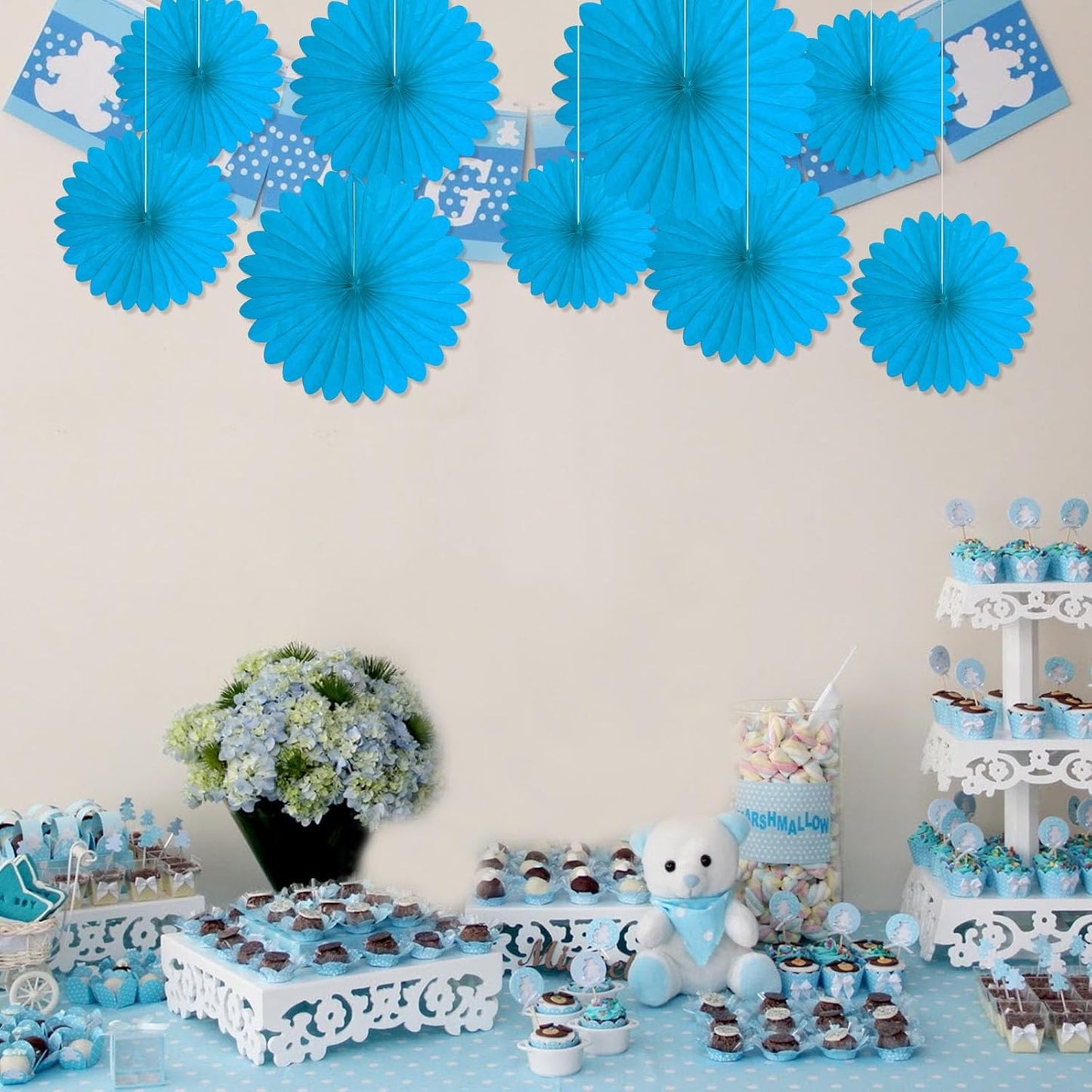 20 Pcs Sky Blue Hanging Paper Fan, Round Paper Fans Decorations Set for Weddings, Birthdays, Engagement, Bridal Shower, Baby Shower Event, Graduation, Party Supplies Decor