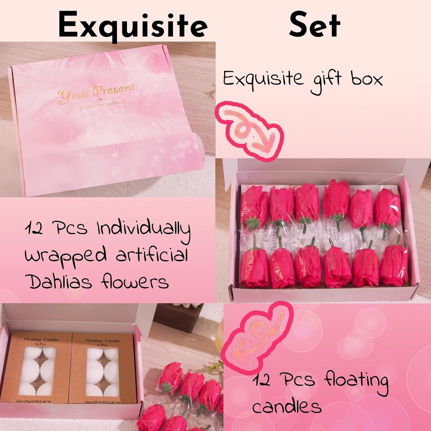 24 Pcs Floating Candles for Centerpieces and Floating Flowers Artificial Flowers Head Vase Filler for Party Home Table Wedding Centerpieces Decoration (White)