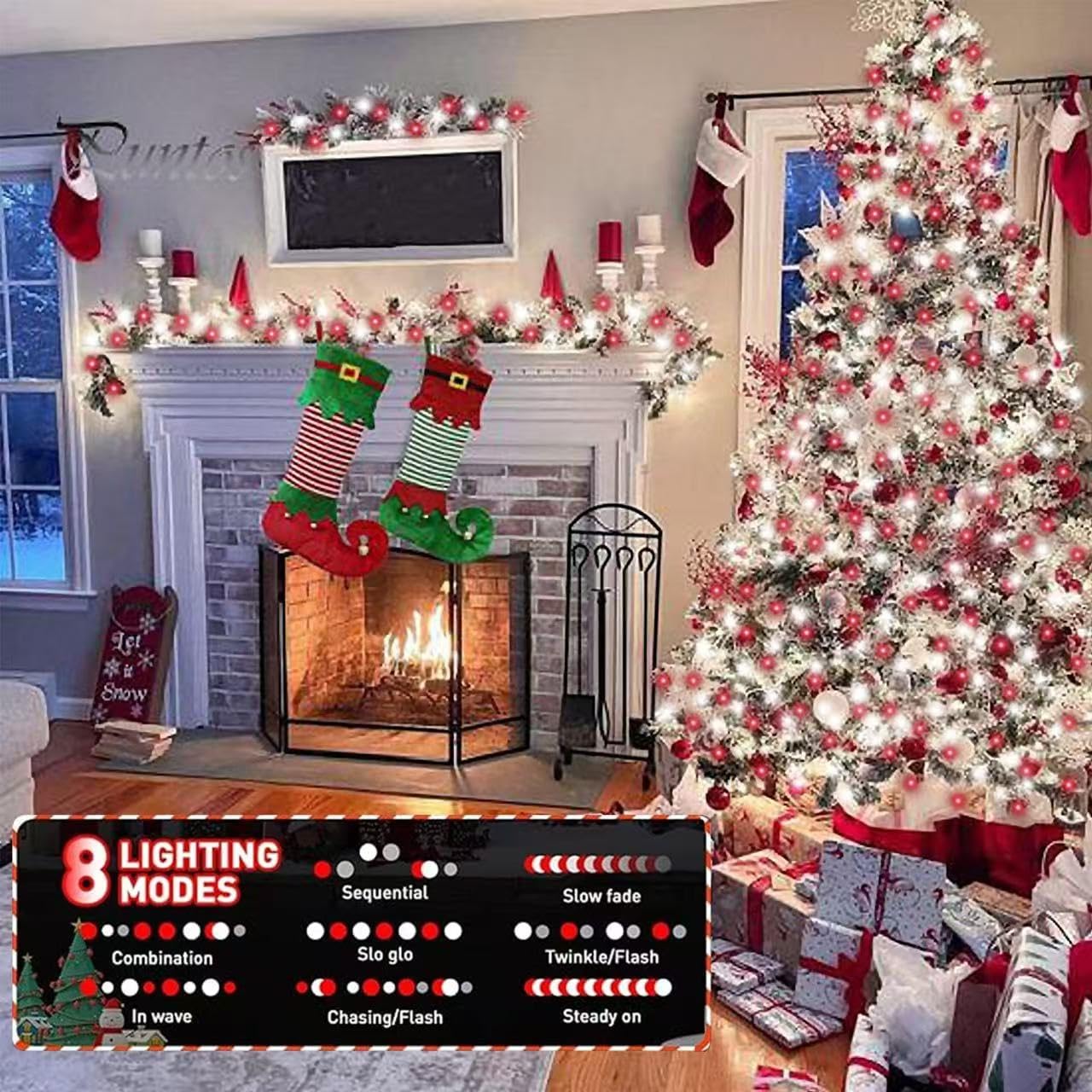 YEGUO 165ft 500 LED Christmas Lights Indoor, Red and White String Light Outdoor Waterproof, 8 Modes Green Wire Plug in with Timer Memory