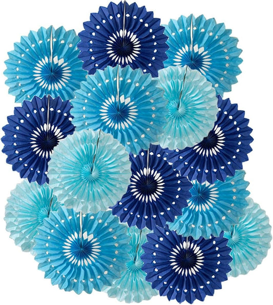 15pcs 6'' 8'' 10'' Paper Fans Set - Blue Tissue Paper Fans Decor for Party, Birthday, Wedding Events