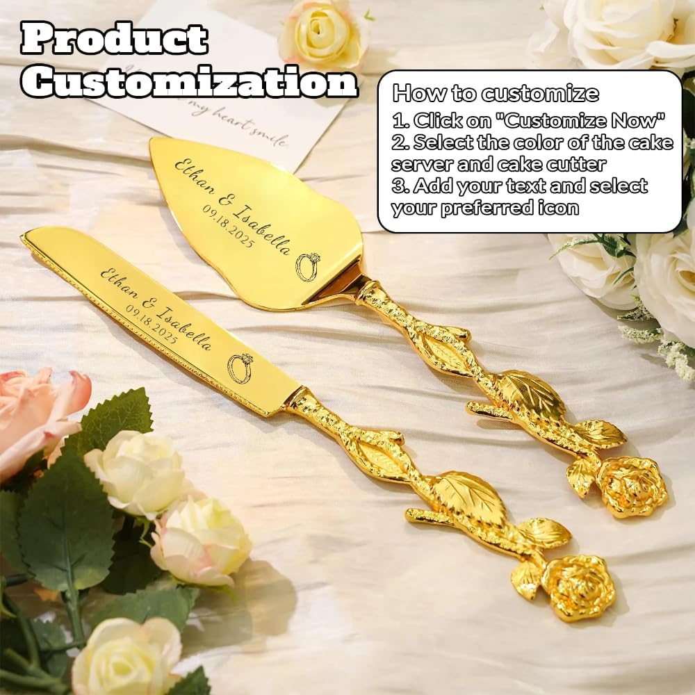 Engraved Personalized Gold Wedding Cake Knife and Server Set - Custom Bridal Cake Serving Gift for Anniversary, Engagement, Birthday Gift