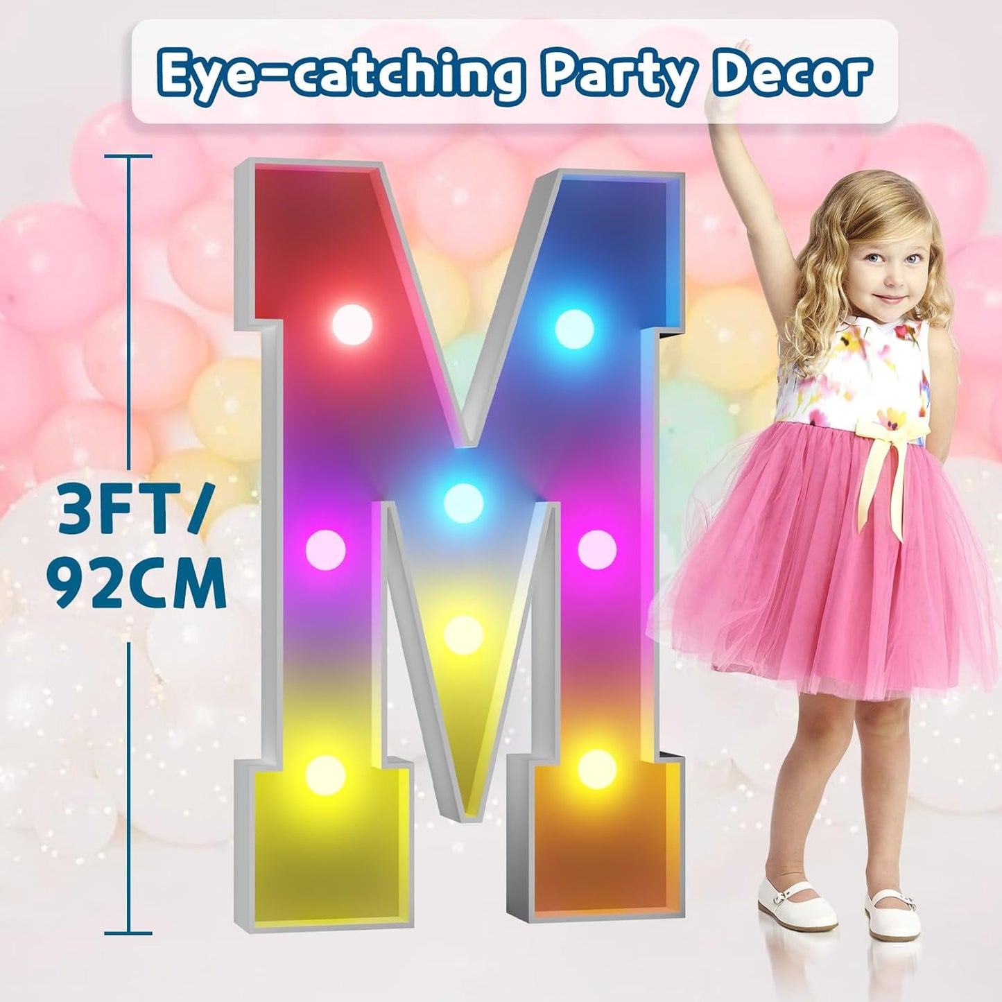 imprsv 3FT Colorful Marquee Light Up Letters M, 18 Colors Large Light up Letters Alphabet Sign with Remote, Big Marry Me Sign, Birthday Party Decorations Baby Shower Anniversary Wedding Decoration