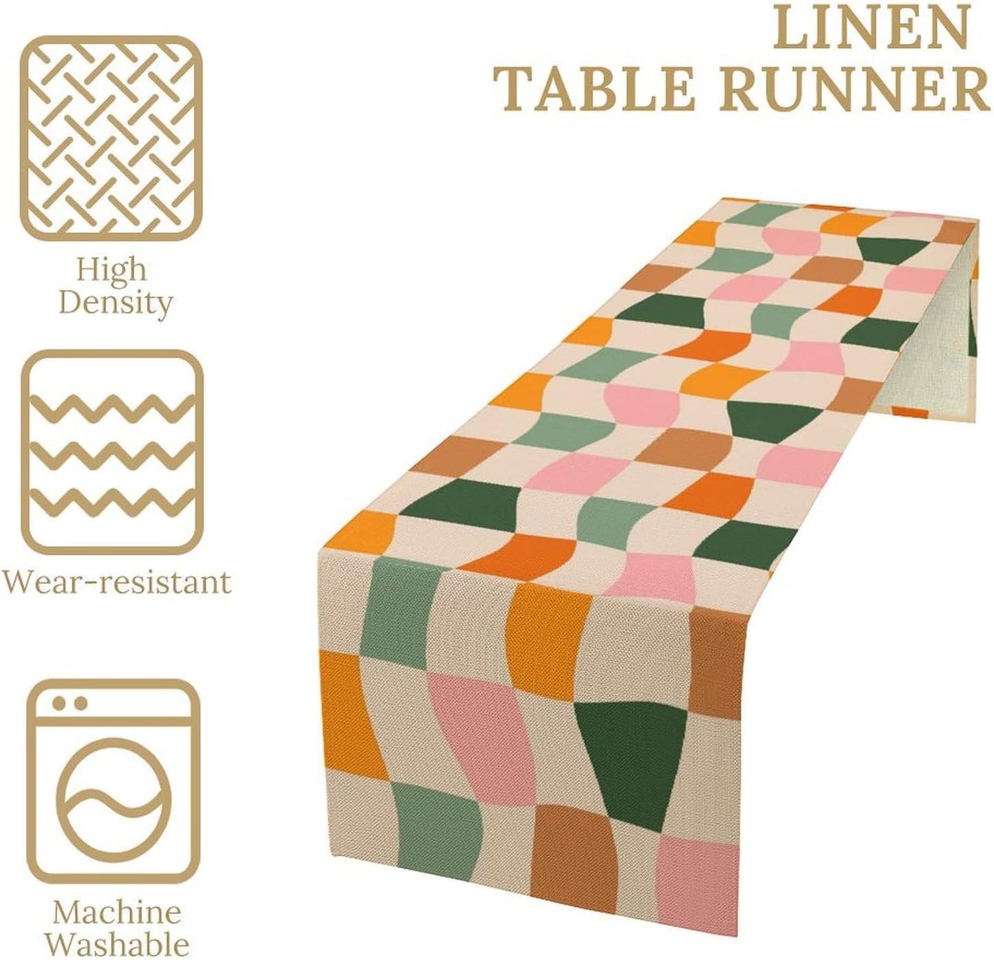 Hippie Table Runner, Vintage Geometric Square Orange Green Pink Grid 60s 70s Style Kitchen Dining Room Decor for Indoor Outdoor Wedding Party Table Runner 13x120 Inch