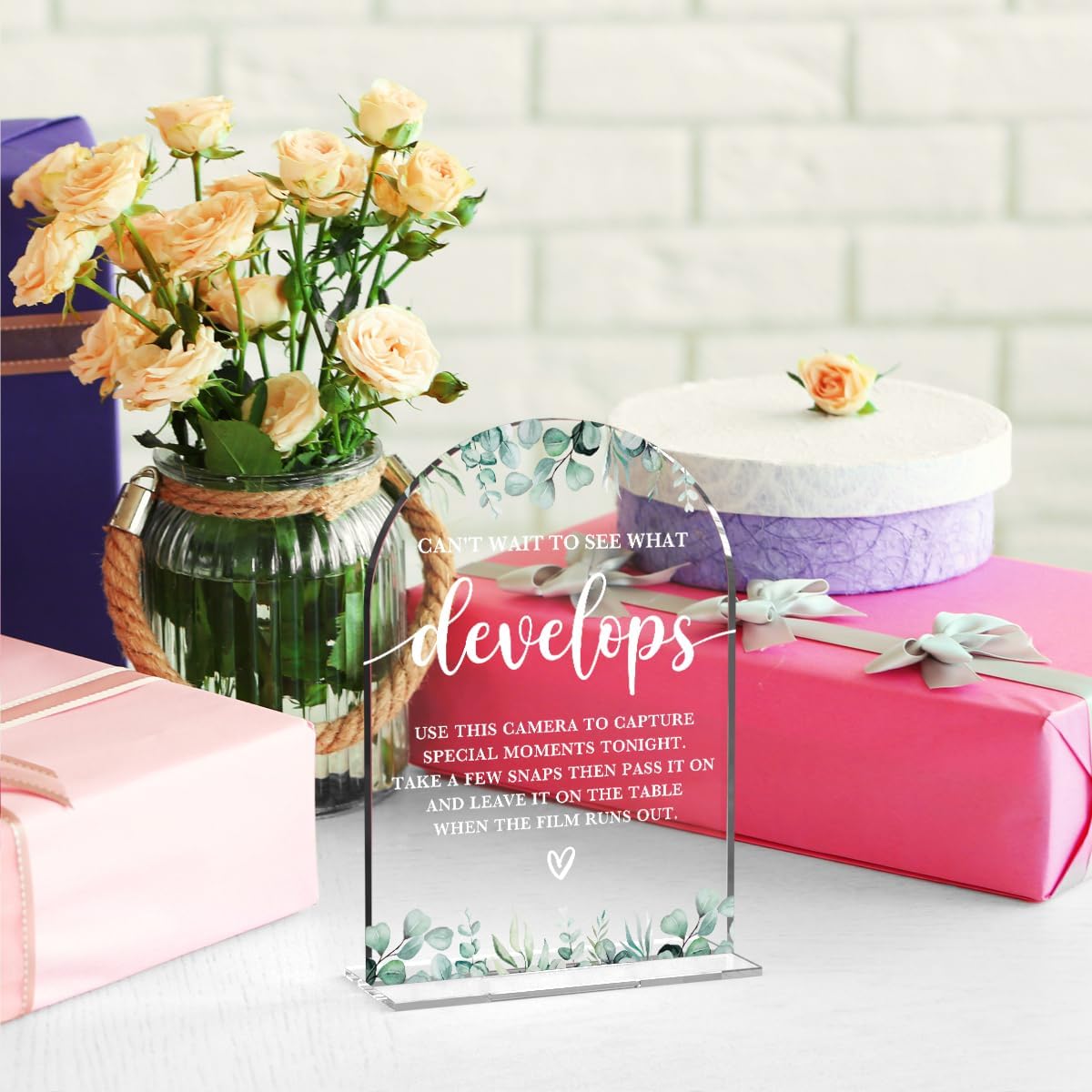 Acrylic Wedding Sign Can't Wait to See What Develops Signs for Ceremony Modern Calligraphy Arch Acrylic Table Top Signs for Wedding Reception and Event Party Table Decor (Eucalyptus Leaves)