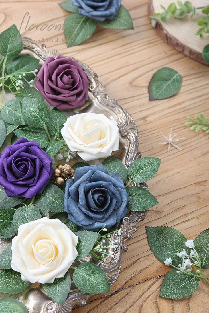 Floroom Artificial Flowers 25pcs Real Looking Champagne Foam Fake Roses with Stems for DIY Wedding Bouquets Bridal Shower Centerpieces Floral Arrangements Party Tables Home Decorations